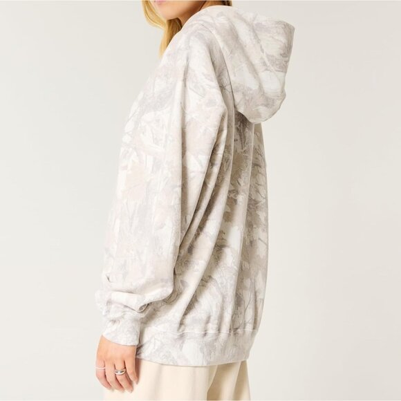 Women Grey White Camo Hoodies Maple Leaf Oversized Fleece Hooded Sweatshirt - Picture 3 of 5